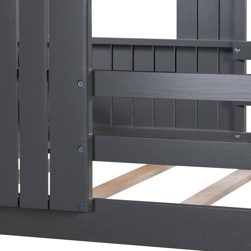 Twin Over Full House Bunk Bed Wooden Loft Bunk Bed Frames with Playhouse, Farmhouse, Ladder and Guardrails for Boys or Girls