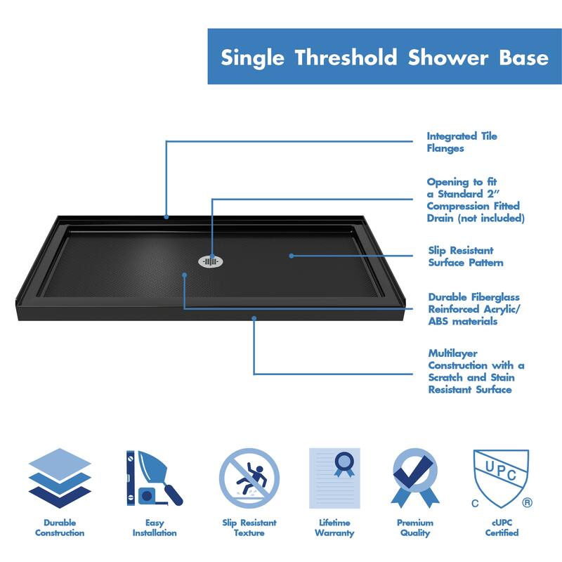 DreamLine SlimLine 32 in. D x 54 in. W x 2 3/4 in. H Single Threshold Shower Base - 32" x 54"