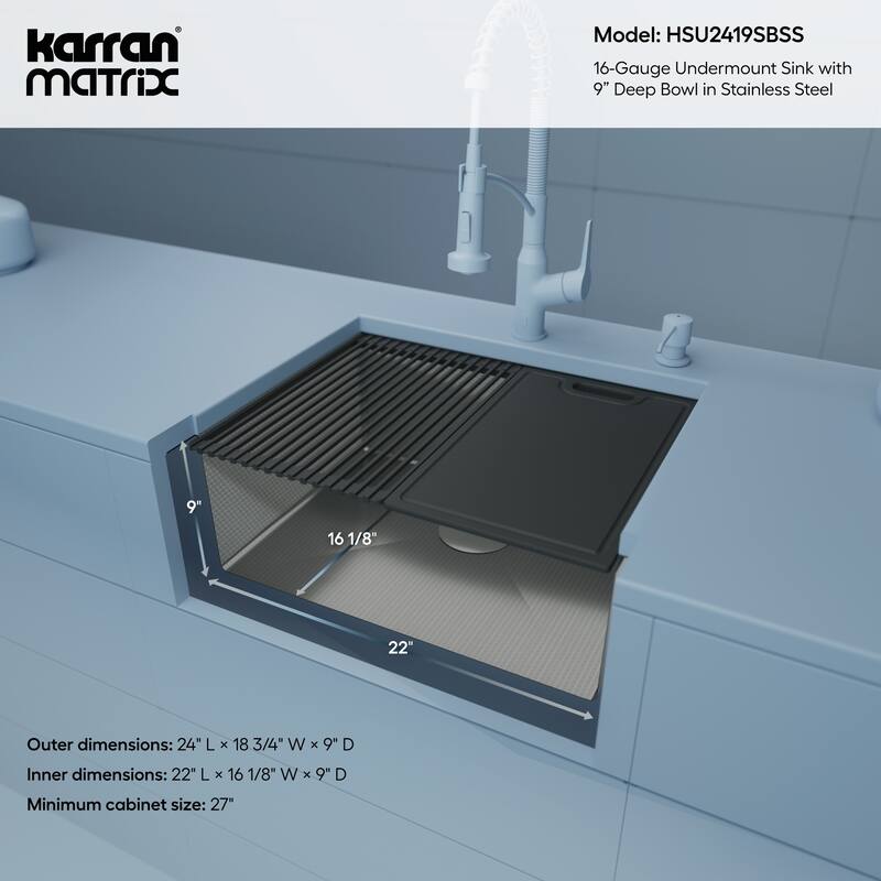 Matrix 24" Undermount Workstation 16 Gauge Single Bowl Stainless Steel Kitchen Sink with Accessories