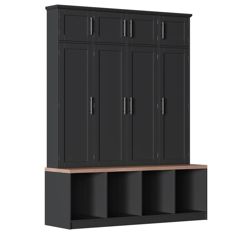 8-Door Shoe Cabinet Hall Tree with 4 Hidden Hooks & Open Compartment