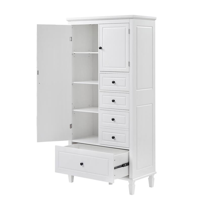 White Pine Wood Tall Storage Cabinet with 4 Different Sizes Drawers, Adjustable Shelves and Anti-Tipping Feature, Multi-Room Use