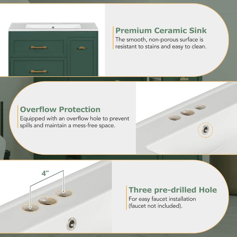 30" Classic Bathroom Vanity with Ceramic Sink, 3 Drawers Including Double-Layer, Gold Handles, for Small Spaces