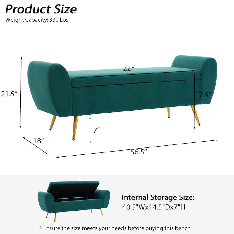 Upholstered 56"W Flip Top Storage Bench with arms