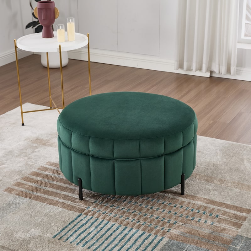 Round Ottoman with Storage, Channel Tufted Pumpkin-Shape Channel Footstool, Upholstered Footrest Stool with Reversible Lid - Green