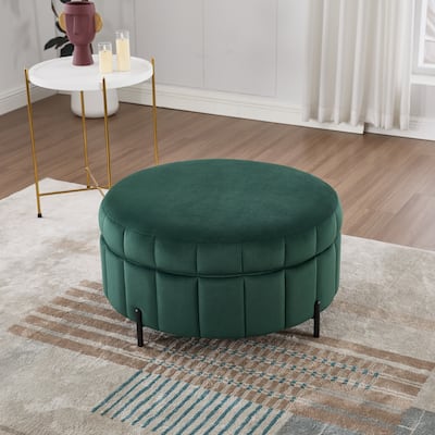 Round Ottoman with Storage, Channel Tufted Pumpkin-Shape Channel Footstool, Upholstered Footrest Stool with Reversible Lid