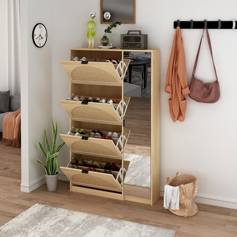 Brafab Freestanding Shoe Cabinet with 3 Flip Drawers, 2 Layer Shoe Shelf, Natural Rattan Shoe Storage Organizer, Slim Shoe Storage for Entryway