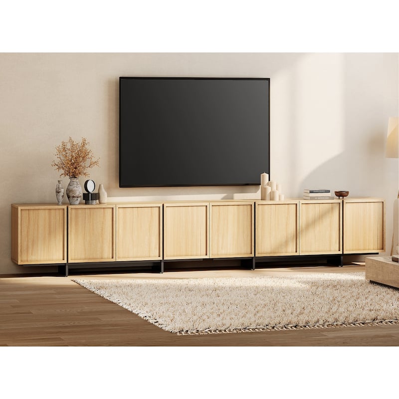 WAMPAT TV Stand with T-Shaped Legs, Modern Entertainment Center with 4 Storage Cabinets, Media Console TV Table for Living Room