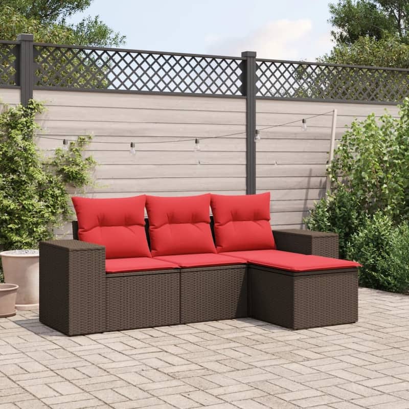 vidaXL 4 Piece Patio Sofa Set with Cushions Grey Poly Rattan - 21.7" x 24.4" x 27.2" - Brown and red Without table