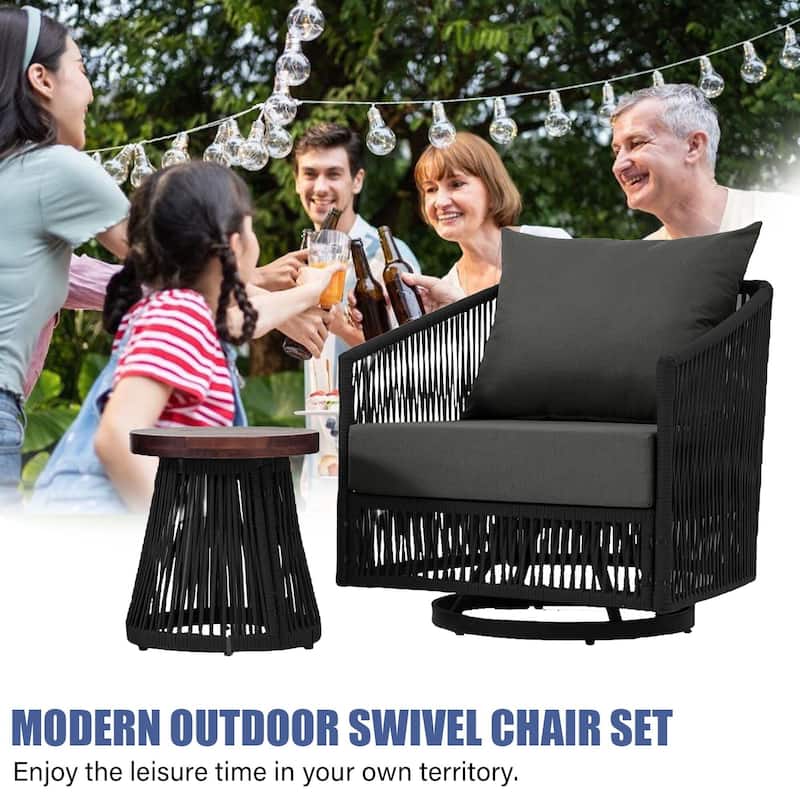 3 Piece Patio Woven Rope Swivel Chair Seating Group with Cushions