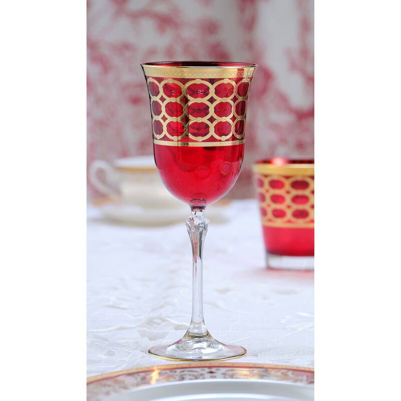 Lorren Home Trends Deep Red Colored Red Wine Goblet with Gold Rings, Set of 4