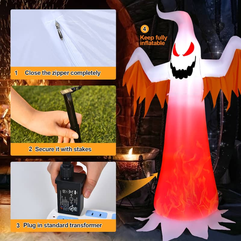 Costway 8 FT Halloween Inflatable White Ghost with Rotatable Flame LED