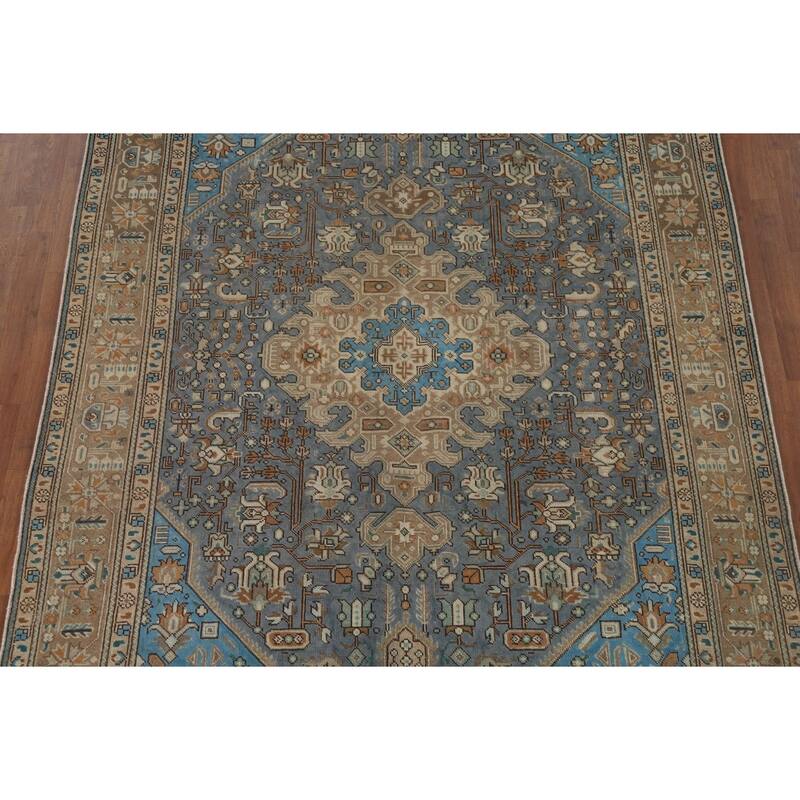 Blue Geometric Tabriz Vintage Persian Rug Hand-Knotted Wool Carpet - 6'5" x 9'4"