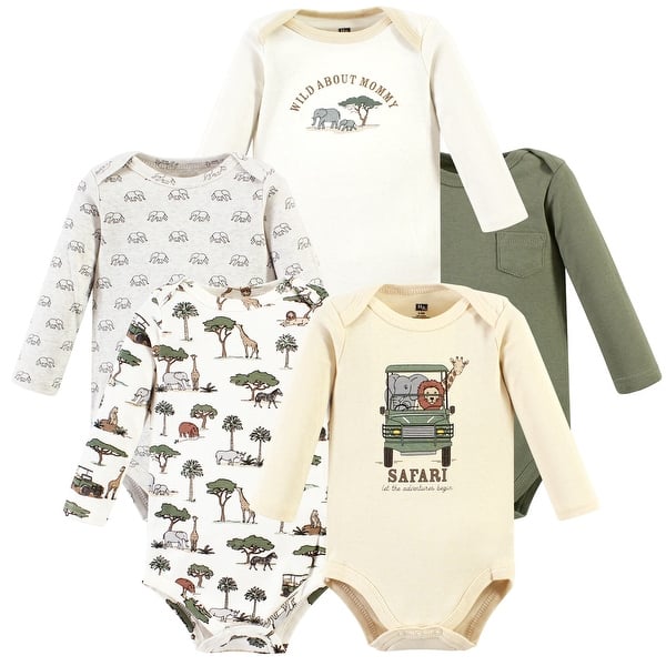 slide 1 of 1, Hudson Baby Cotton Long-Sleeve Bodysuits, Going On Safari 5-Pack 0-3 Months - Going On Safari 5-Pack