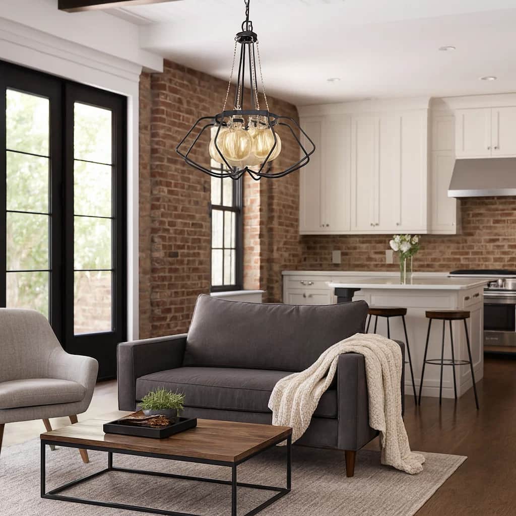 Lima 22 Inch Chandelier w 4 Light Bulbs, Black Metal Cage Design