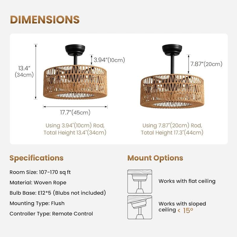 18 in. Boho Caged Ceiling Fan with Light Rattan Farmhouse Fandelier Low Profile Ceiling Fan for Bedroom Kitchen Living Room