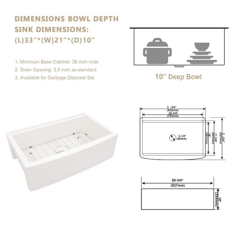 Kichae 33 Inch Ceramic Sink Farmhouse Workstation Apron Front White Kitchen Sink - 33 in.W x 21 in.D x 10 in.H