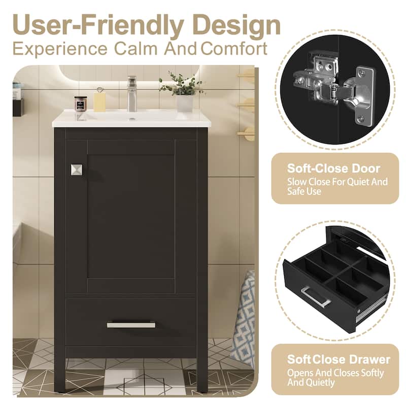 20" Small Bathroom Vanity with Ceramic Sink, Freestanding Storage Cabinet with Soft Close Drawer and Door Organizer
