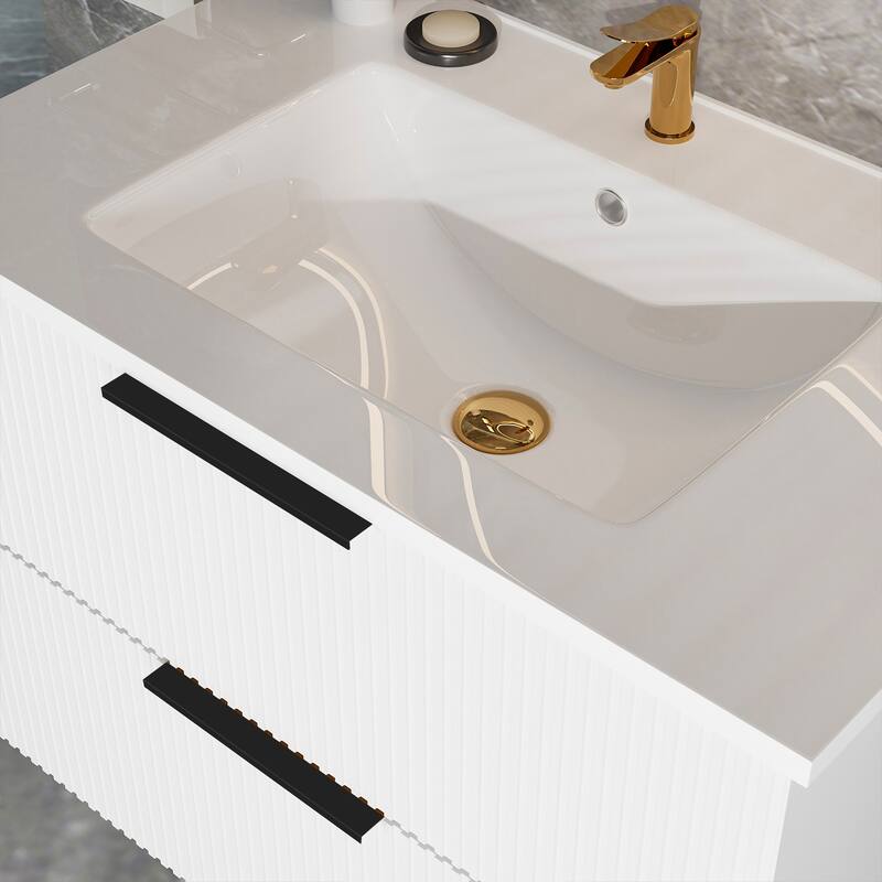 30" Floating Bathroom Vanity with Ceramic Sink - Wall Mounted Fluted Vanity Cabinet with Drawers, Modern Design