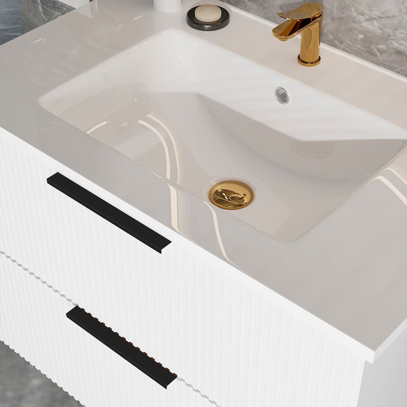Bathroom Vanity with Sink, Wall Mounted Fluted Bathroom Cabinet, Floating Bathroom Vanity with 2 Soft-Close Drawers