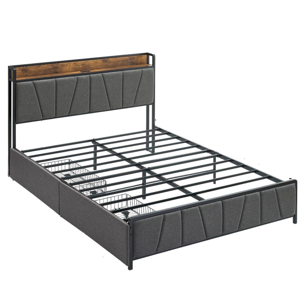 Linen Upholstered Platform Bed Frame with Drawers, Storage Headboard