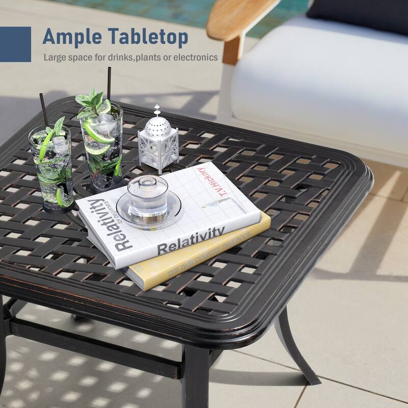 VredHom Cast Aluminum Square Side Table Outdoor with Umbrella Hole - 24.02" L x 24.02" W x 17.52" H