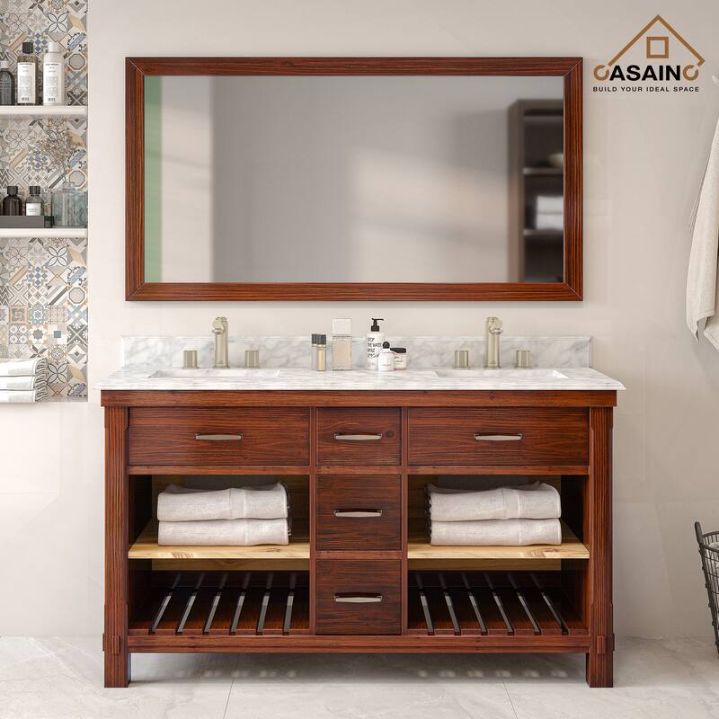 CASAINC 36"48"60" Freestanding Bathroom Vanity in Traditional Brown with Sink and Carrara Marble Top