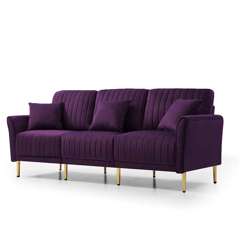 3-Seat Sofa Velvet Upholstered Living Room Tufted Back Couch Sofa with Reversible Cushions and Metal Legs, Includes Pillows