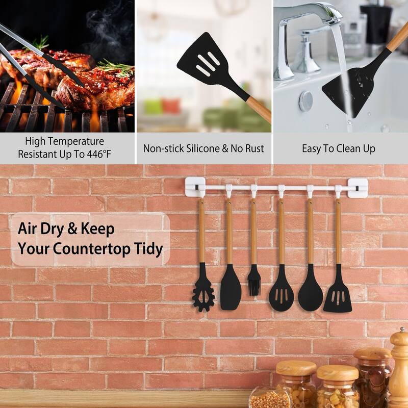 11-Piece Silicone Kitchen Utensil Set Heat-Resistant with Wooden Handles Spatulas Ladle - 4.72 × 4.72 × 6.18 in