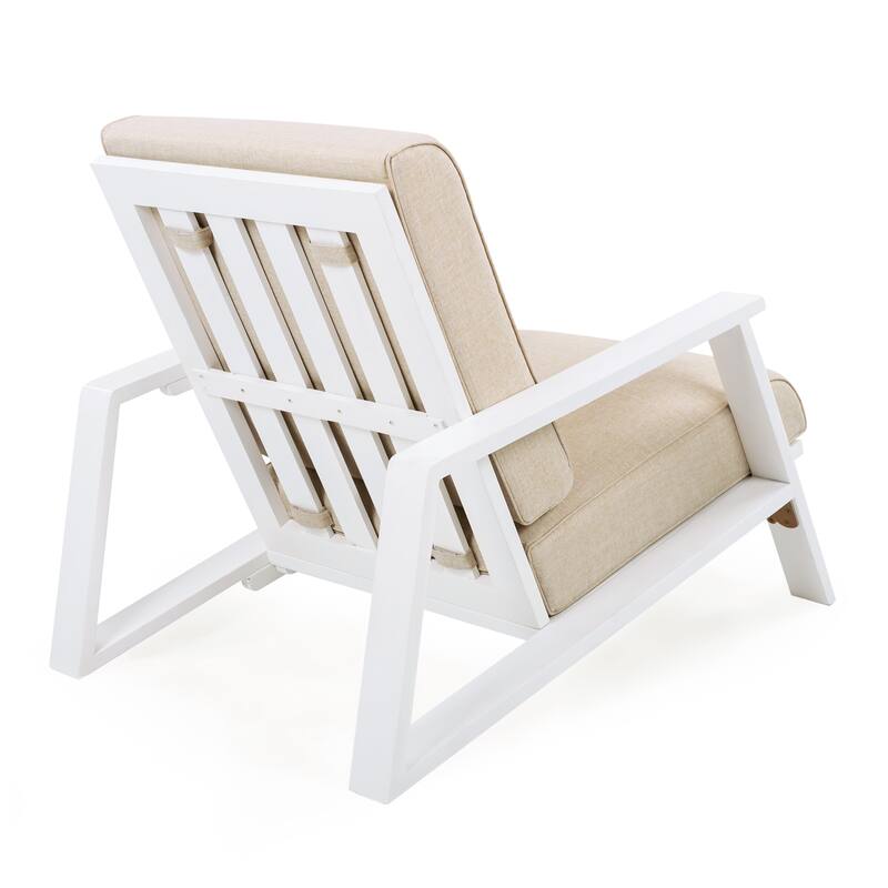 Roomfitters Outdoor Patio Lounge Chair, Acacia Wood Frame with Beige Cushions, Modern Club Chair for Garden Deck