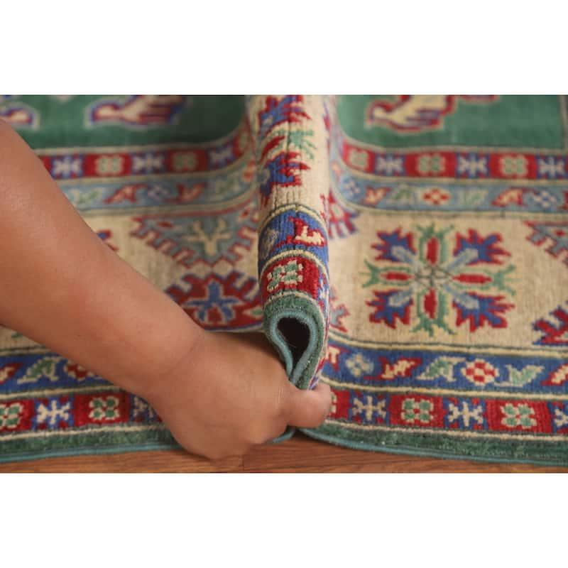 Green Geometric Kazak Area Rug Hand-Knotted Wool Carpet - 4'11" x 6'1"