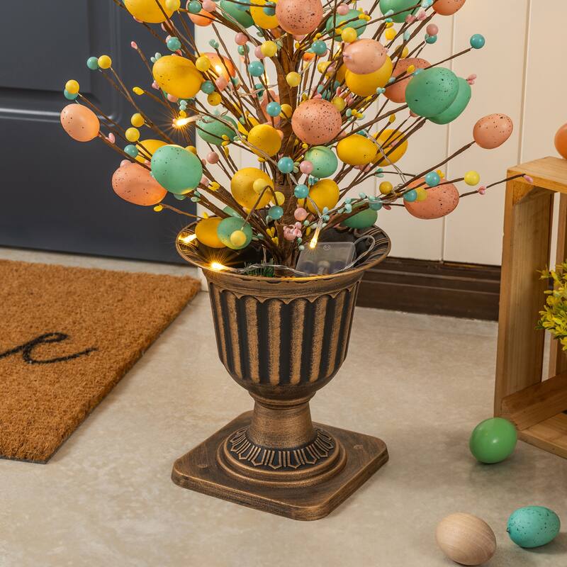 Glitzhome 36"H Easter Egg Berries Flower Urn Porch Tree with 20 Warm White Lights and Timer
