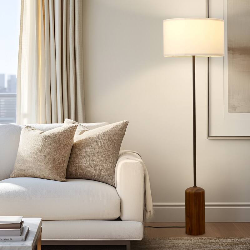 Brightech Oren LED Walnut Brown Wood Midcentury Super Bright Floor Lamp with Cream Cotton Drum Shade