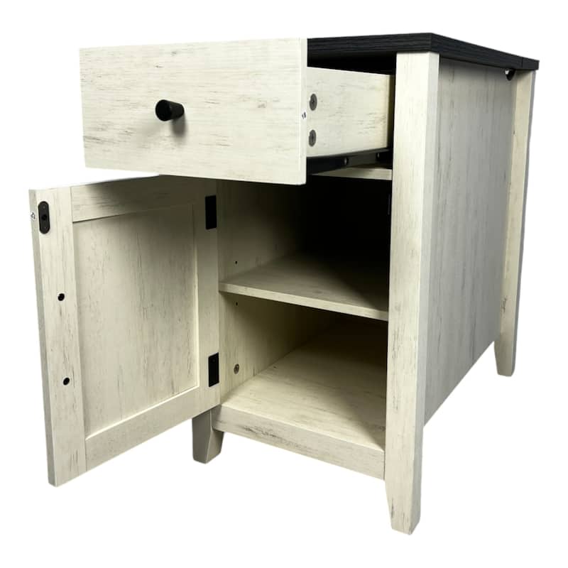 Farmhouse End Table Side Table with Charging Station, White Black Storage Cabinet File Cabinet with Drawer