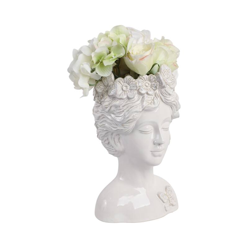 Ceramic Pot Planter Lady Crown Flower and Butterfly - 12" Ivory - 8" x 7" x 12"