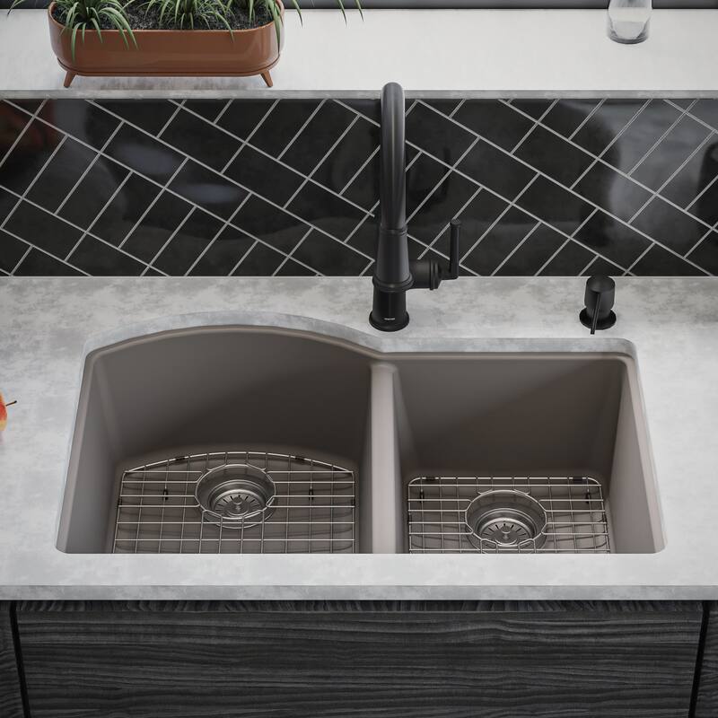 Karran Undermount Quartz 32 in. 60/40 Double Bowl Kitchen Sink Kit