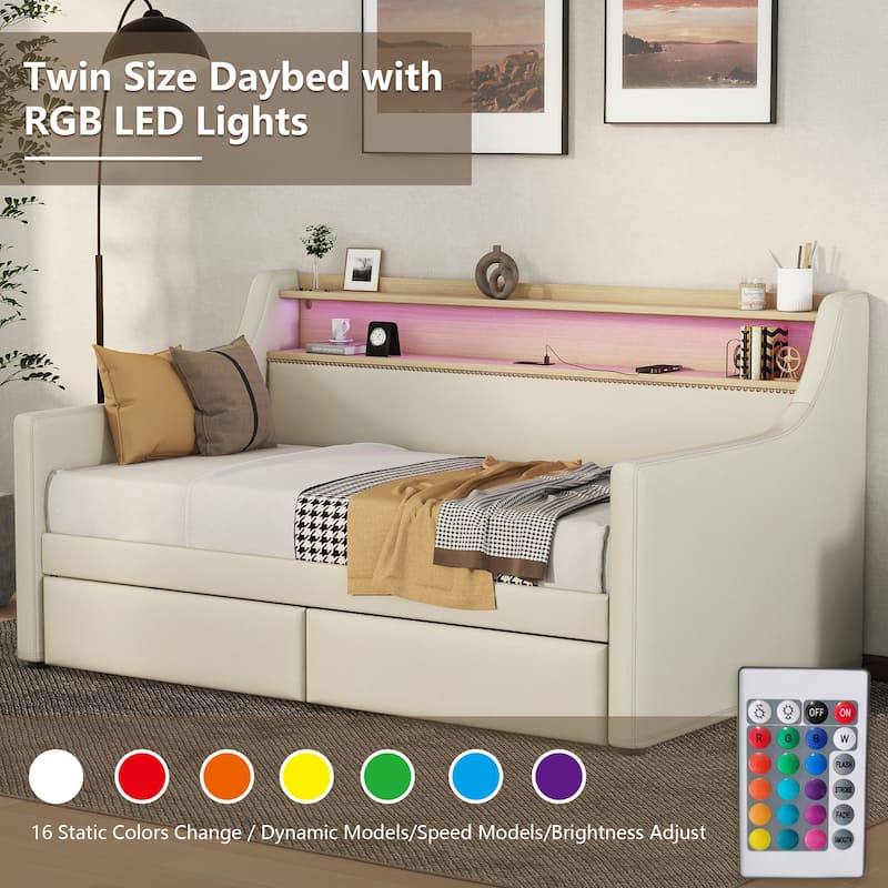 Twin Size PU Leather Upholstered Daybed with Storage Drawers, Charging Station, LED RGB Lights & Headboard Storage