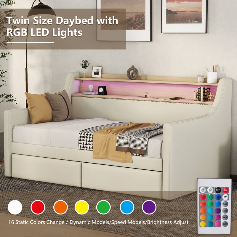 Twin Size Upholstered Daybed with Storage Drawers, Charging Station, and LED Lights, Beige