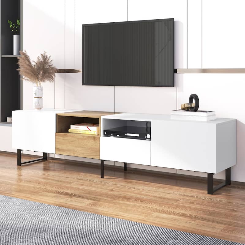 Sleek TV Stand with 2 Drawers & 2 Cabinets for 85" TVs, Entertainment Center with Drop-Down Door