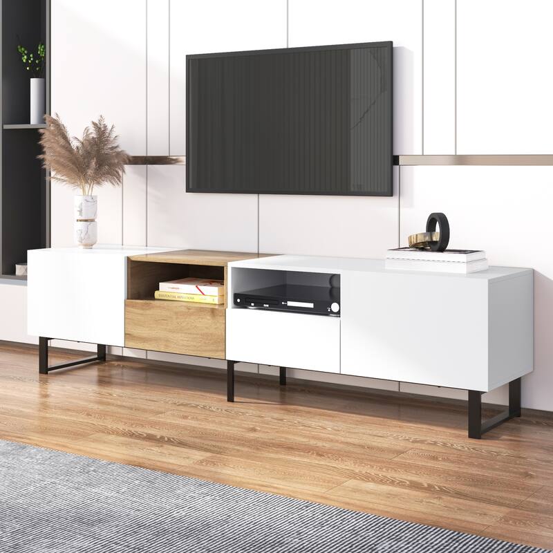 TV Stand with 2 Cabinets and Open Storage Compartment,Media Console Table with Drop Down Door for TVs up to 85"