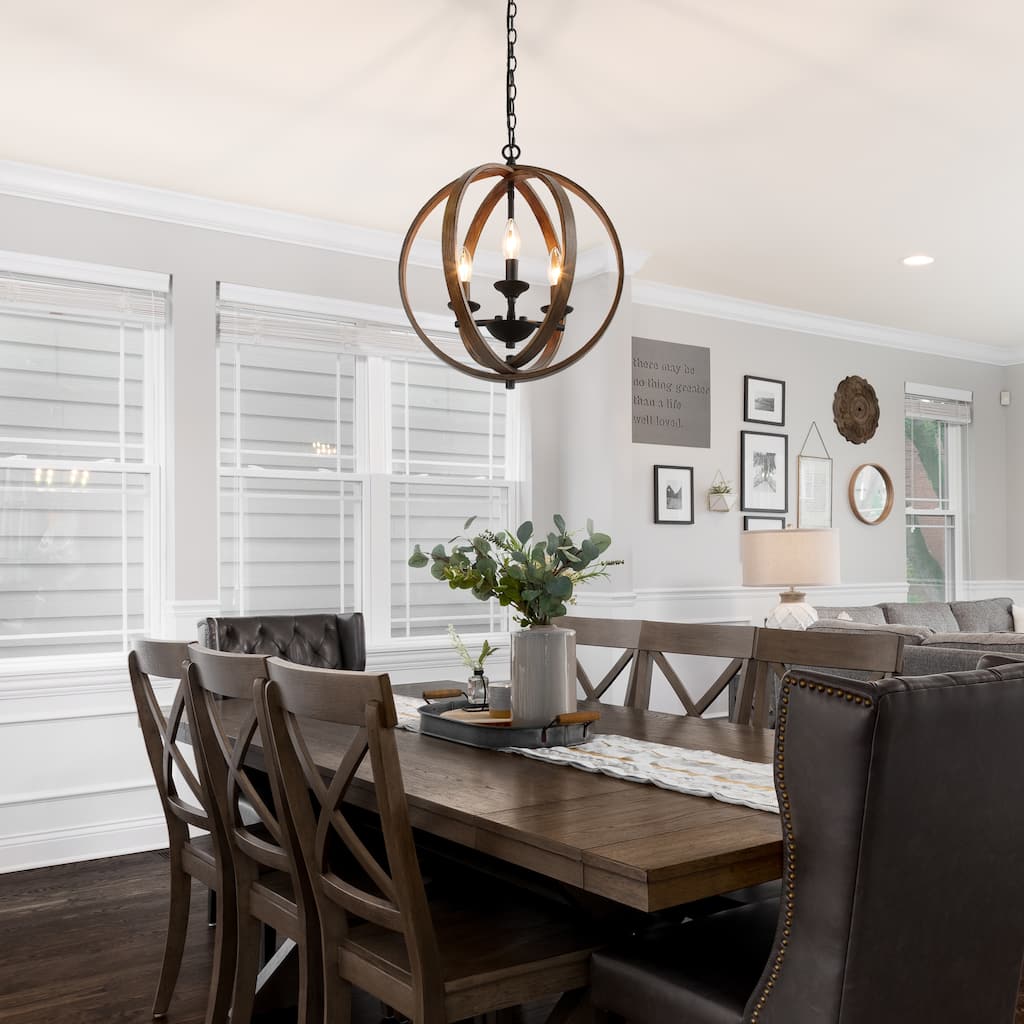 Farmhouse 3-Light Globe Wood Grain Chandelier for Dining Room Kitchen Island - W15.5"x H18"