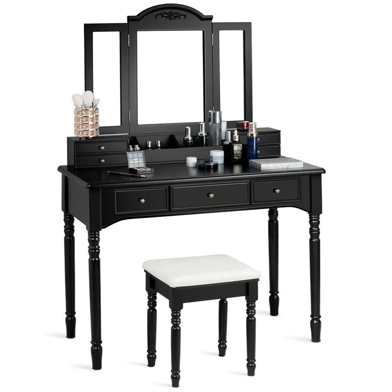 Tri-folding Mirror Vanity Table Set with Stool - Black