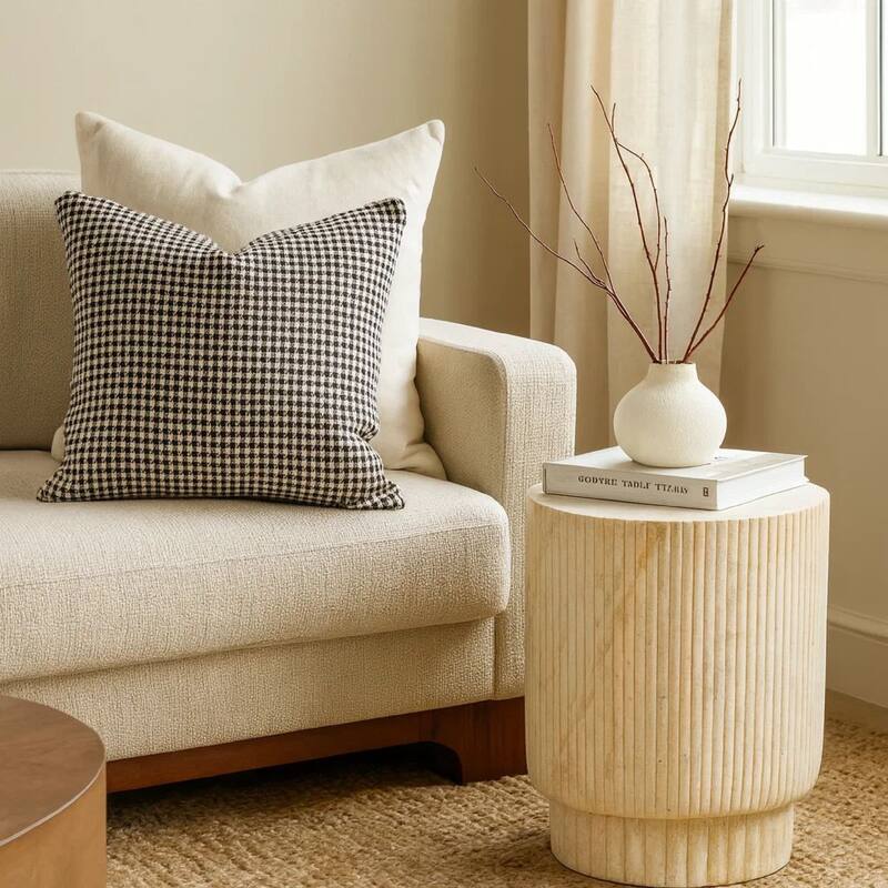 Archi Plant Stand Table, Fluted Surface, Marbled White Resin 18 Inch