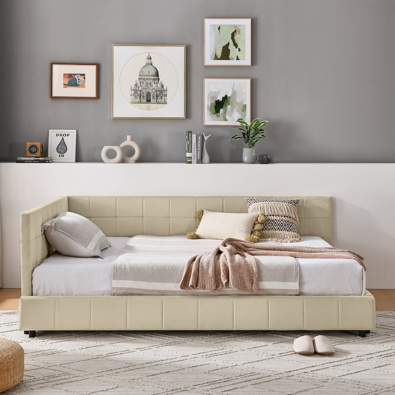 Mid-Century Full Size Velvet Daybed with Tufted Backrest & Armrests, Upholstered Sofa Bed Frame for Bedroom or Living Room