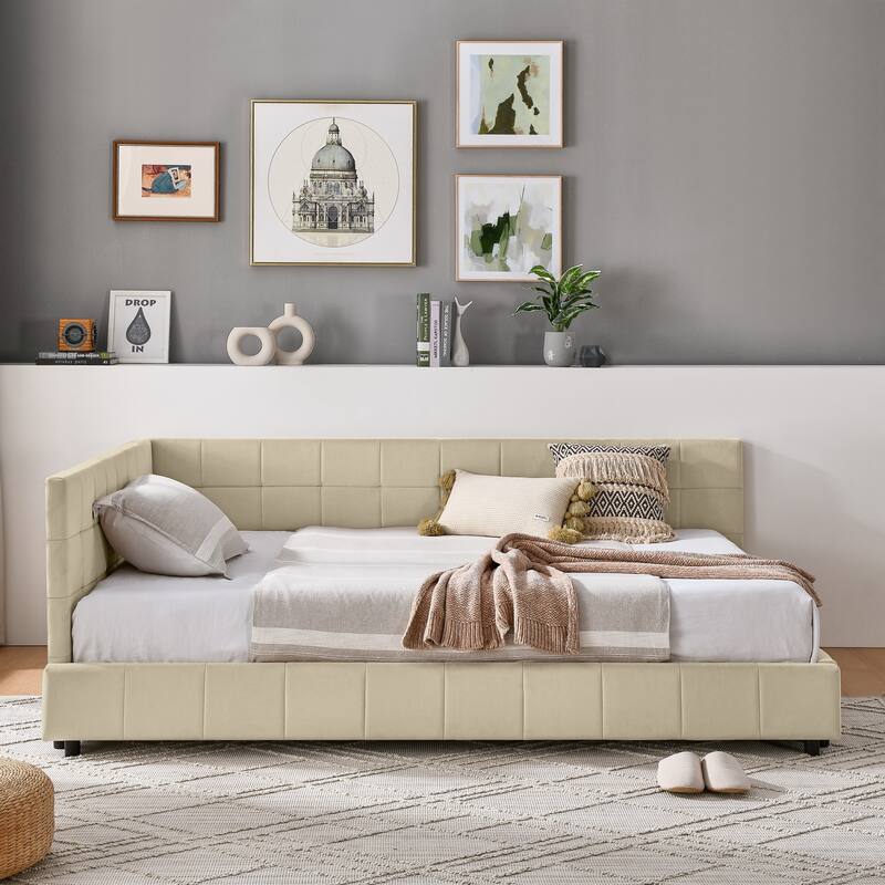 Upholstered Tufted Sofa Bed Frame, Full Size Velvet Fabric Daybed with Comfortable Backrest and Armrests, Wood Slats Support - Beige - Full