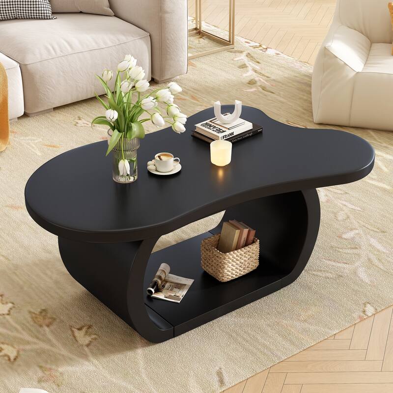39.3"*23.6" Modern Cloud Coffee Table with 1.5" Thick Tabletop, Cream Style Irregular End Table with Curved Legs - Black