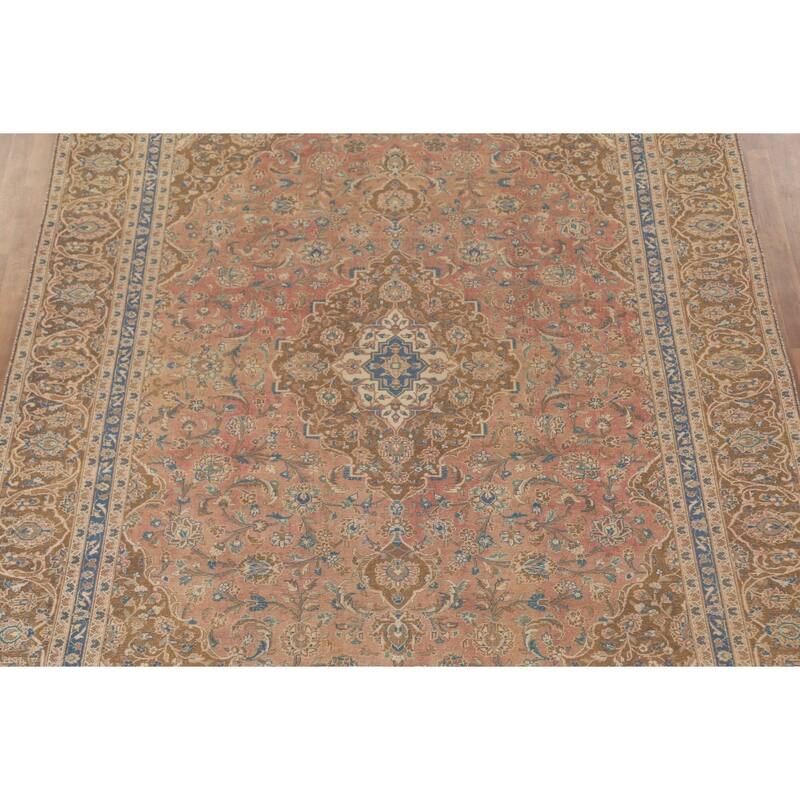 Traditional Pink Mashad Persian Vintage Rug Hand-Knotted Wool Carpet - 8'10"x 12'5"