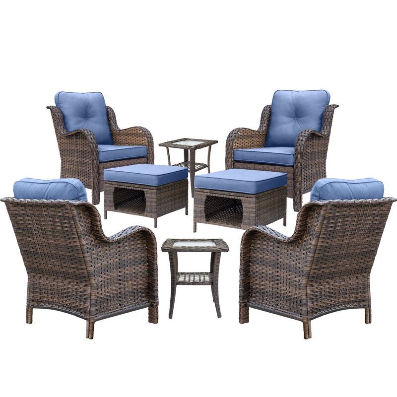 8 Piece Outdoor Wicker Patio Furniture Conversation Chair and Ottoman Set