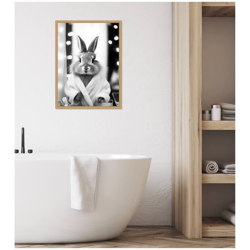 Kate and Laurel Sylvie Bunny Glam Bathroom Art Towel Robe Black and White Framed Canvas by The Creative Bunch Studio
