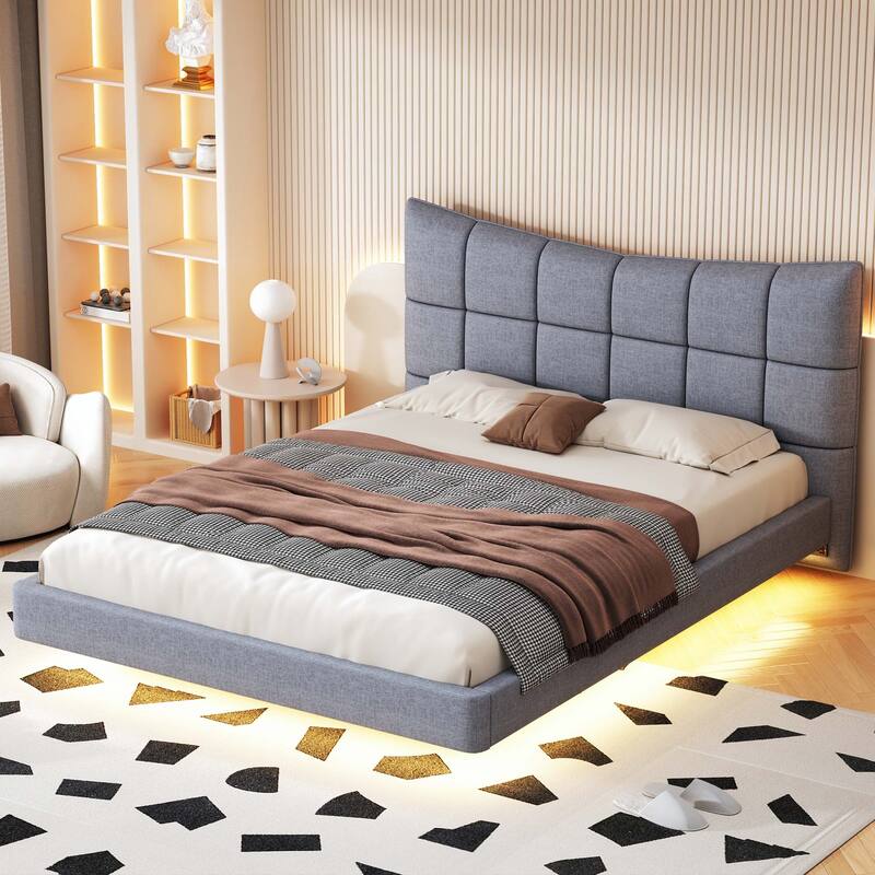 Full Size Upholstered Platform Bed with LED Lights