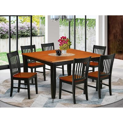 HomeStock 7-Piece Square Black & Cherry Finish Solid Wood Top Dining Table with 6-Chairs with Butterfly Leaf Lattice Back
